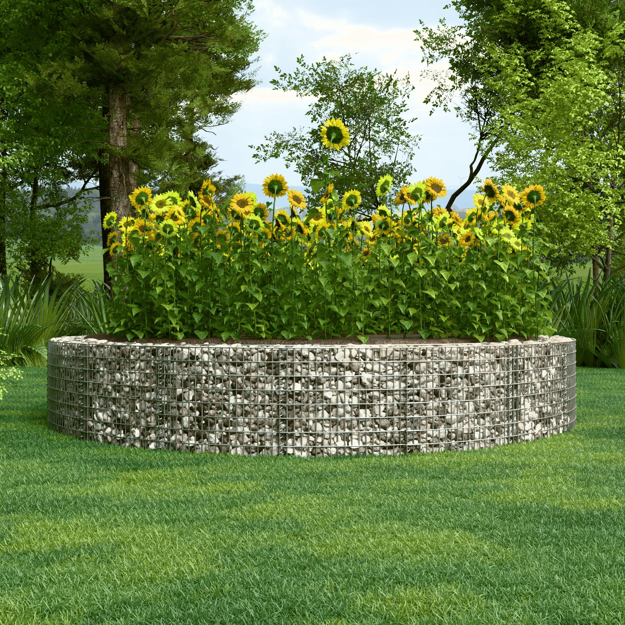 Lit surélevé rond, diamètre extérieur 502 cm, hauteur 50 cm, mailles 5 x 10 cm, épaisseur des parois 15 cm