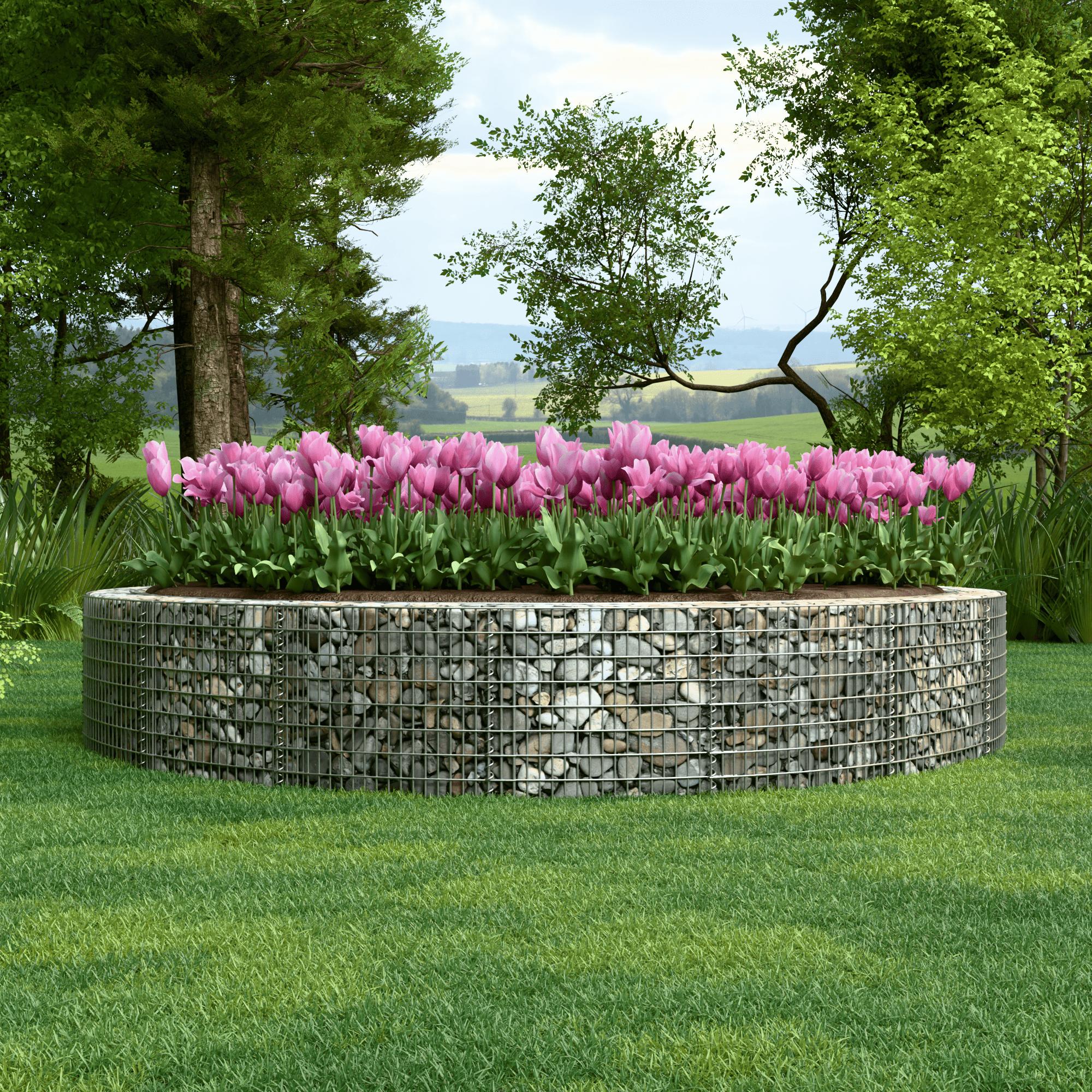 Lit surélevé rond, diamètre extérieur 502 cm, hauteur 50 cm, mailles 5 x 10 cm, épaisseur des parois 15 cm