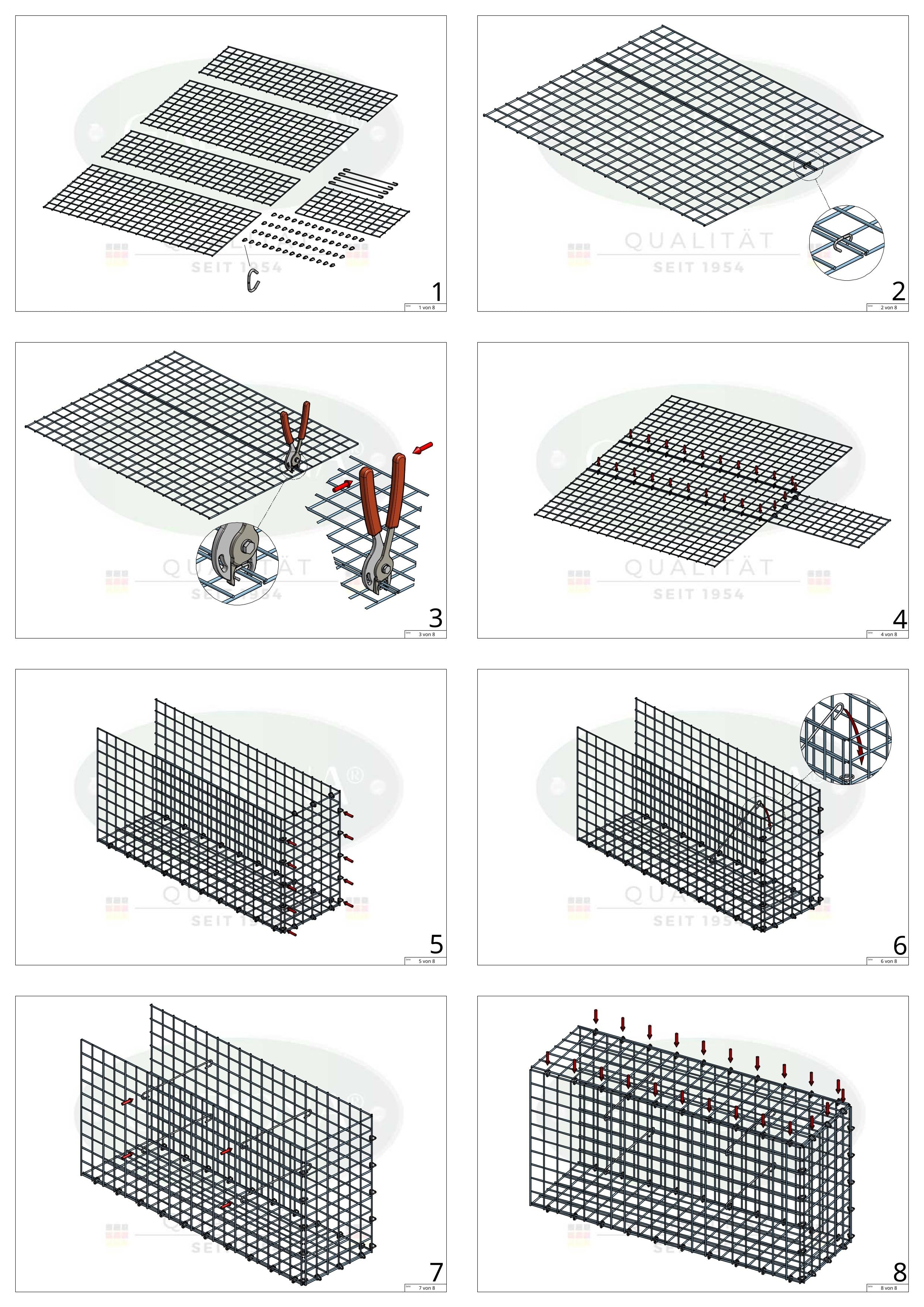 Monteret gabion type 2 100 cm x 100 cm x 20 cm (L x H x D), maskestørrelse 5 cm x 5 cm, C-ring