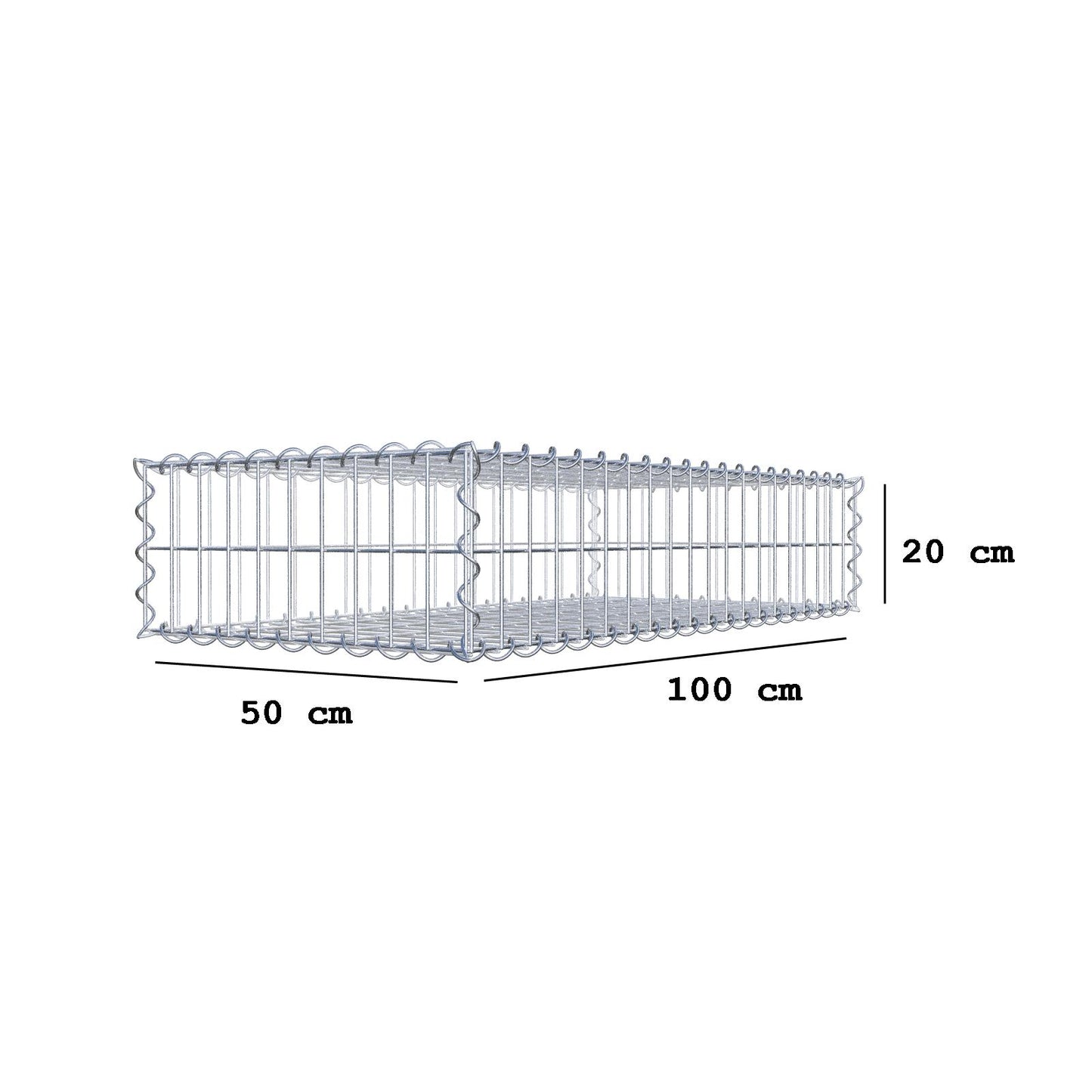 Gabião 100 cm x 20 cm x 50 cm (C x A x P), malhagem 5 cm x 10 cm, espiral