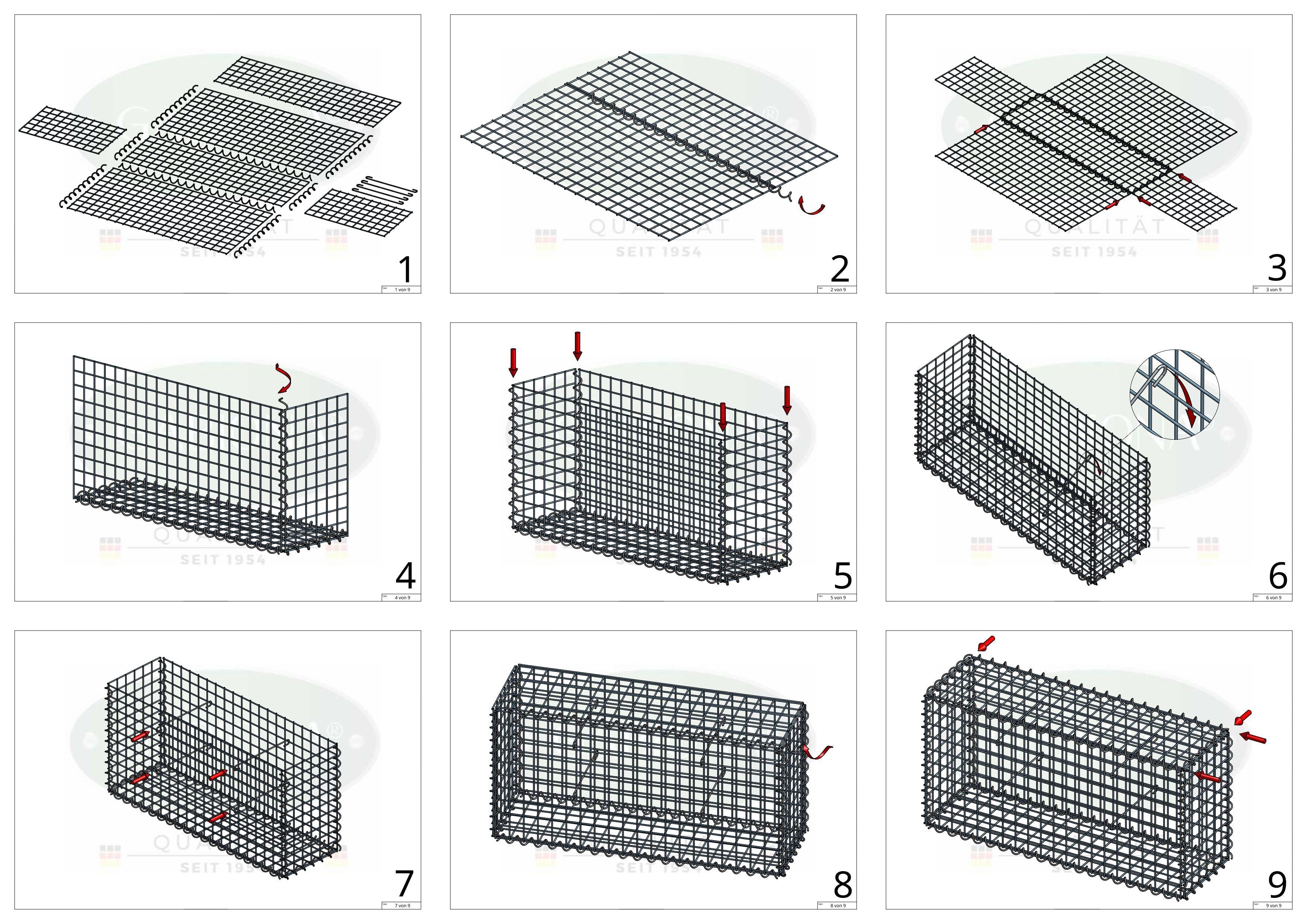 Schanskorf 100 cm x 100 cm x 20 cm (L x H x D), maaswijdte 5 cm x 5 cm, spiraalvormig