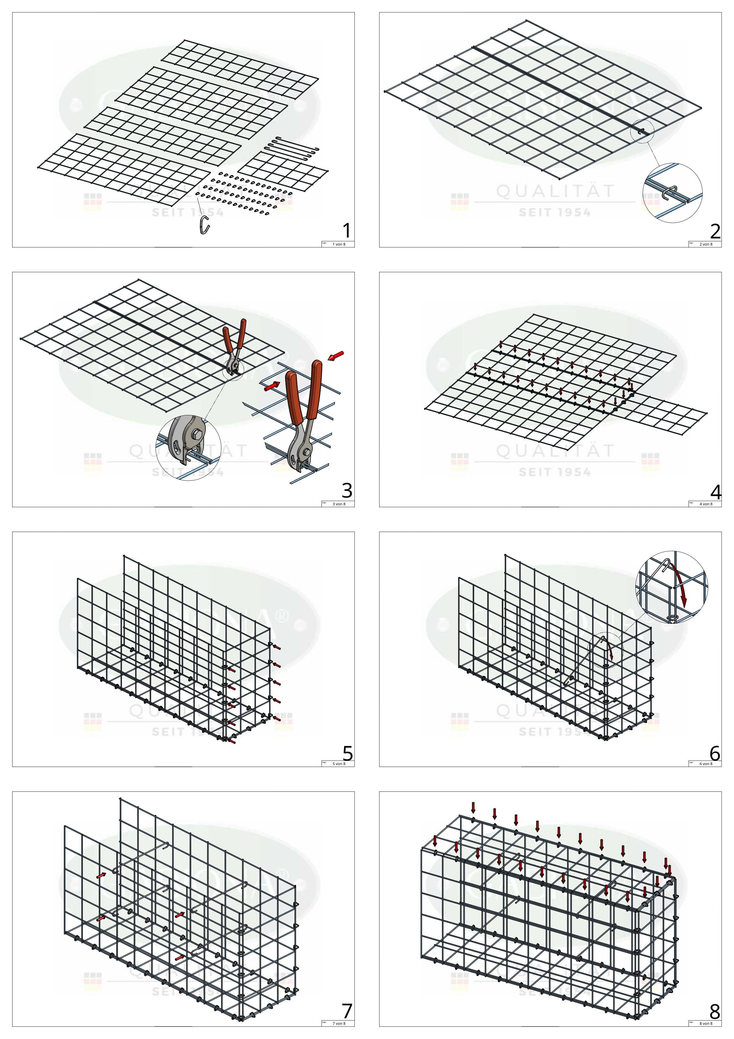 Mounted gabion type 2 100 cm x 60 cm x 30 cm (L x H x D), mesh size 10 cm x 10 cm, C-ring