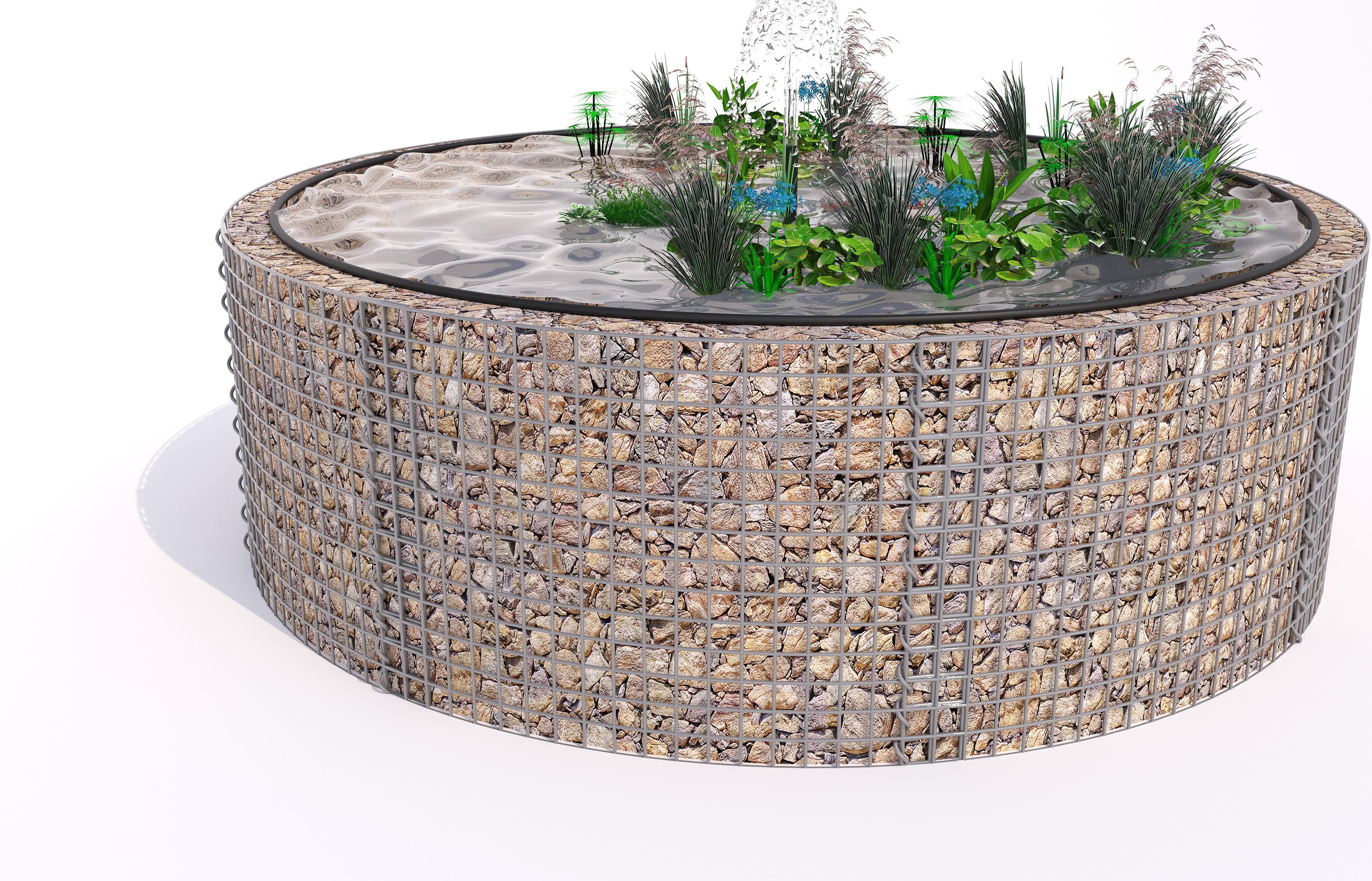 Laghetto rialzato in gabbioni, rotondo, diametro esterno 262 cm, altezza 80 cm, maglia 5 x 5 cm, spessore parete 15 cm