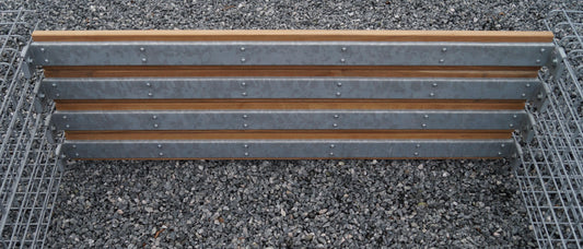 Trädgårdsbänk med 3 gabioner - teak, 205 cm lång x 60 cm hög x 37 cm djup, galvaniserad, MW 5 x 5 cm