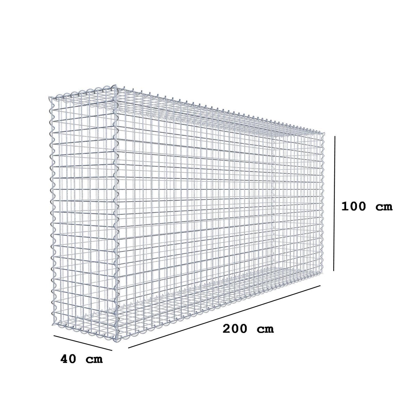 Gabião 200 cm x 100 cm x 40 cm (C x A x P), malhagem 5 cm x 5 cm, espiral