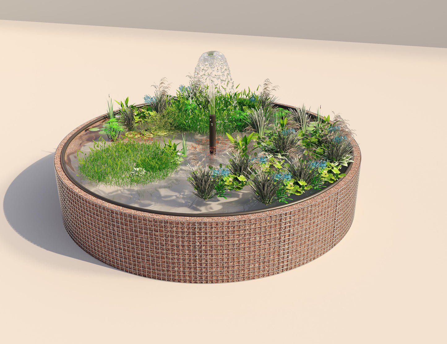 Gabião de lago elevado redondo, diâmetro exterior 412 cm, altura 80 cm, dimensão da malha 5 x 5 cm, espessura da parede 15 cm