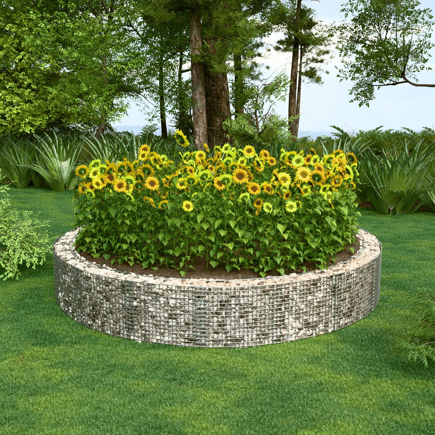 Canteiro elevado redondo, diâmetro externo 502 cm, altura 50 cm, tamanho da malha 5 x 5 cm, espessura da parede 15 cm
