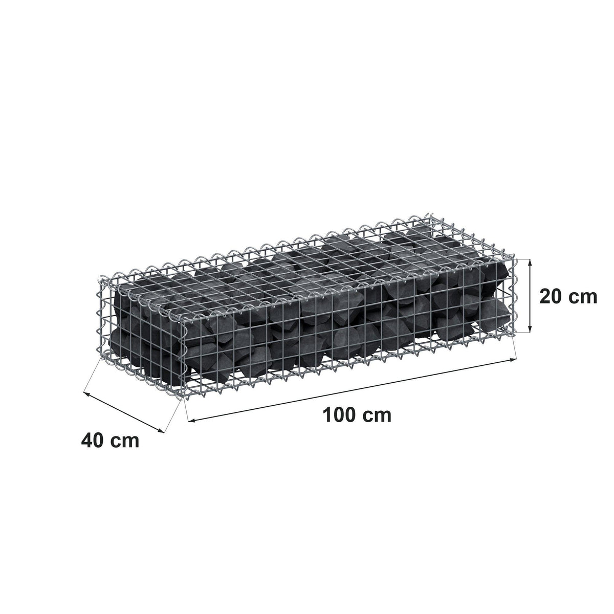 Gabião 100 cm x 20 cm x 40 cm (C x A x P), malhagem 5 cm x 5 cm, espiral