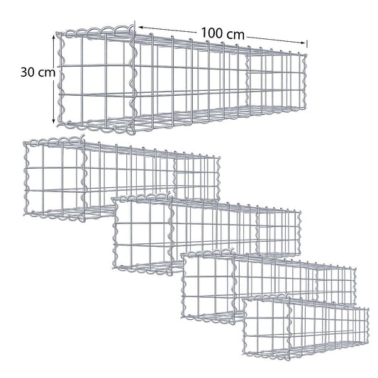 Set van 5 schanskorven 100 x 30 x 30 cm (L x H x D), maaswijdte 10 x 10 cm, spiraalsluiting, draaddikte 4,5 mm
