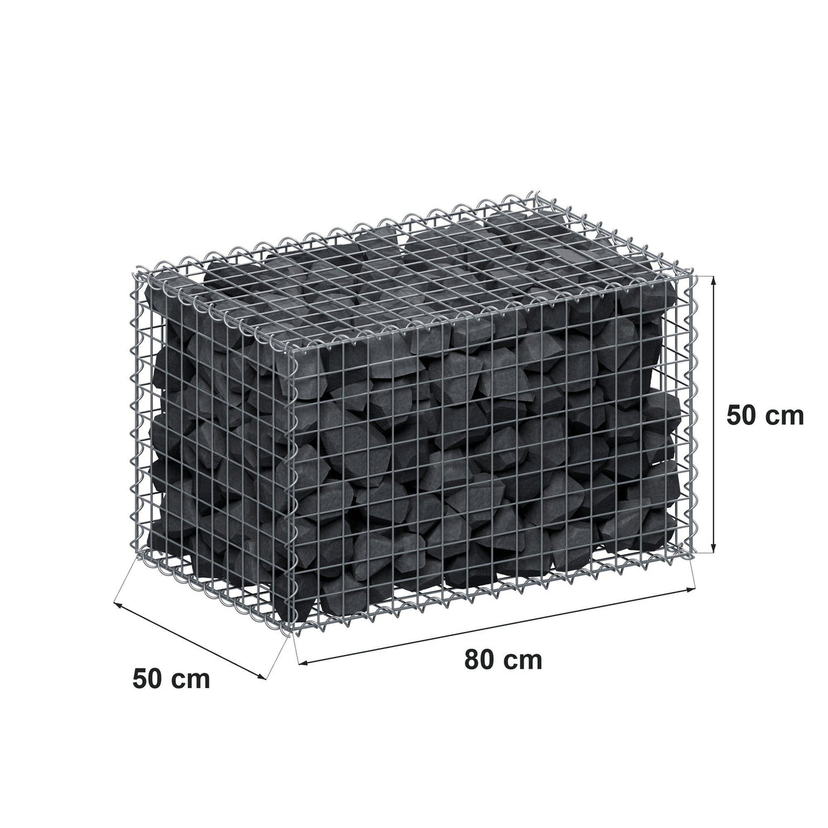 Gabião 80 cm x 50 cm x 50 cm (C x A x P), malhagem 5 cm x 5 cm, espiral