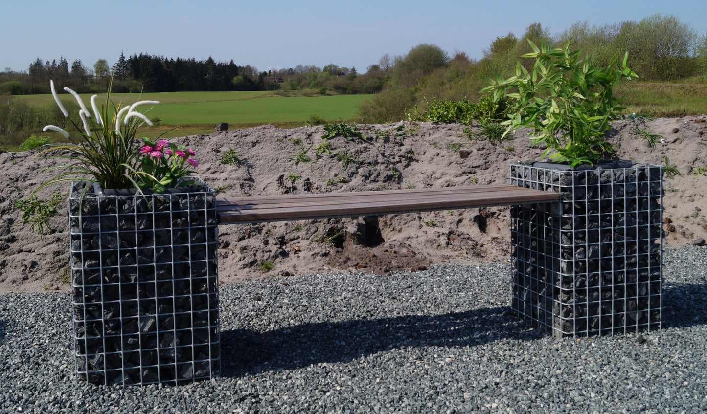 Banco de jardín con 2 columnas para flores - Madera de cumarú, 200 cm de largo x 62 cm de alto x 37 cm de profundidad, galvanizado en caliente, MW 5 x 5 cm