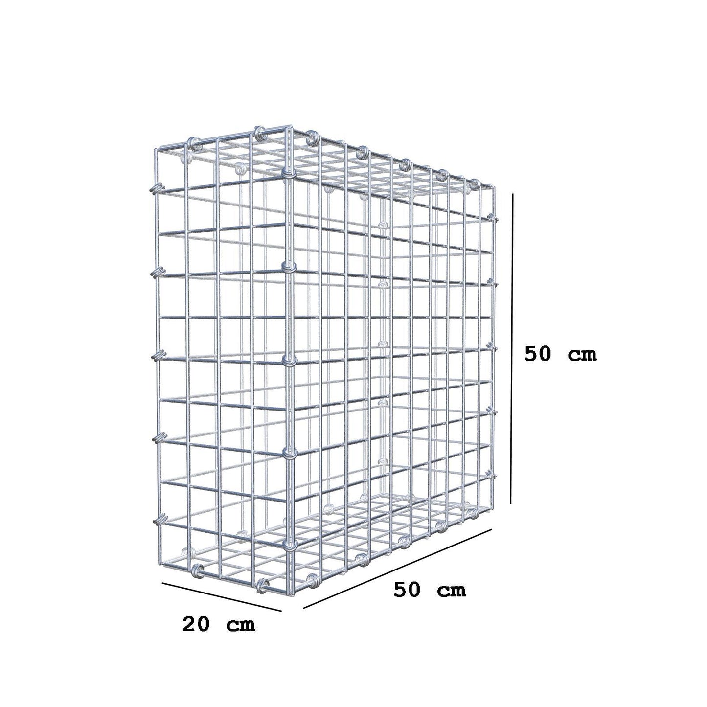 Gabion 50 cm x 50 cm x 20 cm (L x H x D), maskestørrelse 5 x 5 cm, spiralring