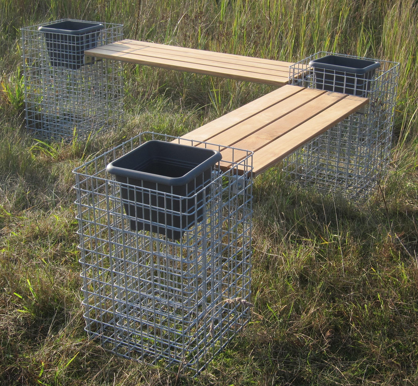 Banco de gaviones con 3 columnas de flores - teca, 205 cm de largo x 60 cm de alto x 37 cm de profundidad, galvanizado en caliente, MW 5 x 5 cm