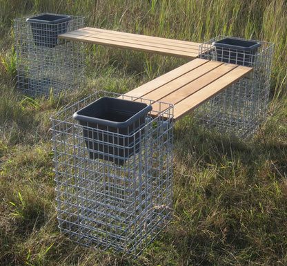 Banco de gaviones con 3 columnas de flores - teca, 205 cm de largo x 60 cm de alto x 37 cm de profundidad, galvanizado en caliente, MW 5 x 5 cm