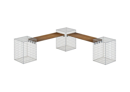 Banco de jardín con 3 gaviones - teca, 205 cm de largo x 60 cm de alto x 37 cm de profundidad, galvanizado, MW 5 x 5 cm