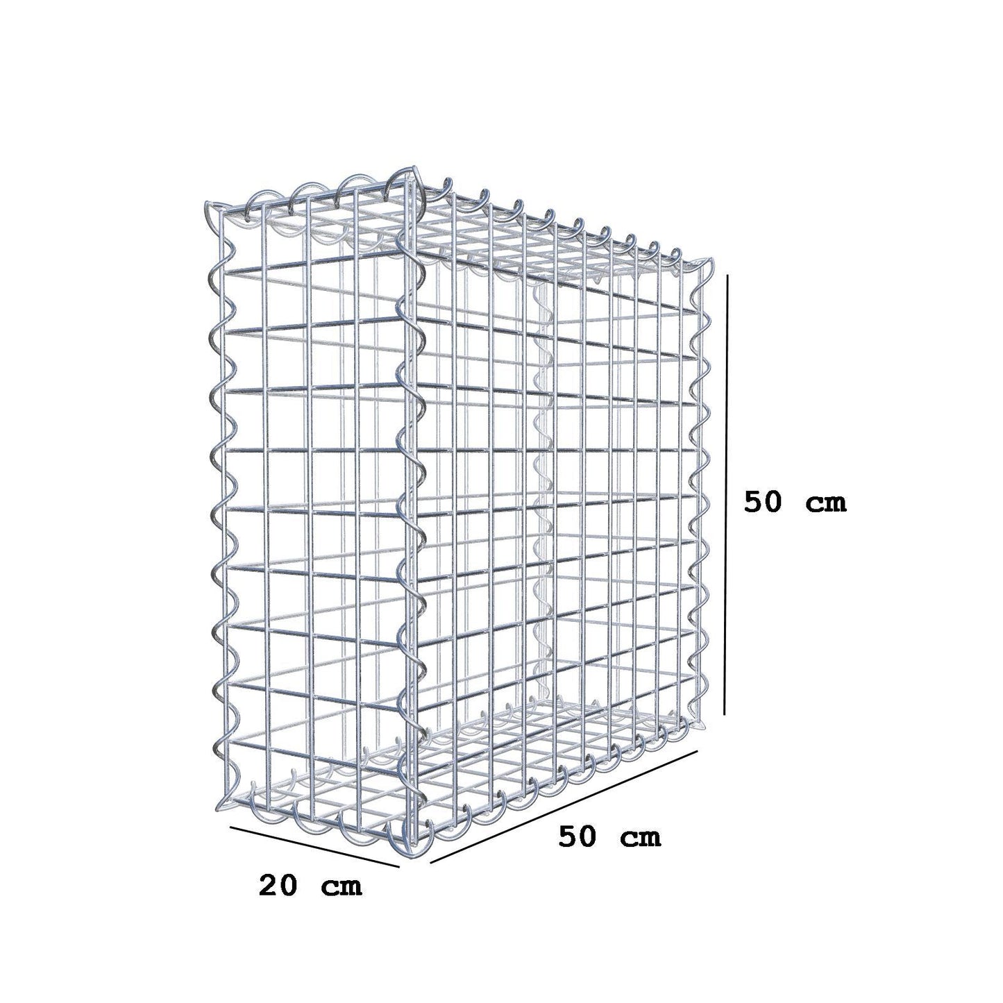 Gabion 50 cm x 50 cm x 20 cm (L x H x D), maskestørrelse 5 cm x 5 cm, spiral