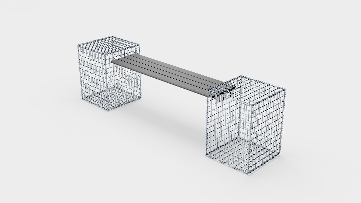 Banco de gaviones con 2 gaviones en espiral, 205 cm de largo x 60 cm de alto x 40 cm de profundidad, galvanizados, MW 5 x 5 cm, con encimera reciclada en antracita