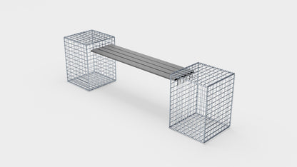 Banco de gaviones con 2 gaviones en espiral, 205 cm de largo x 60 cm de alto x 40 cm de profundidad, galvanizados, MW 5 x 5 cm, con encimera reciclada en antracita
