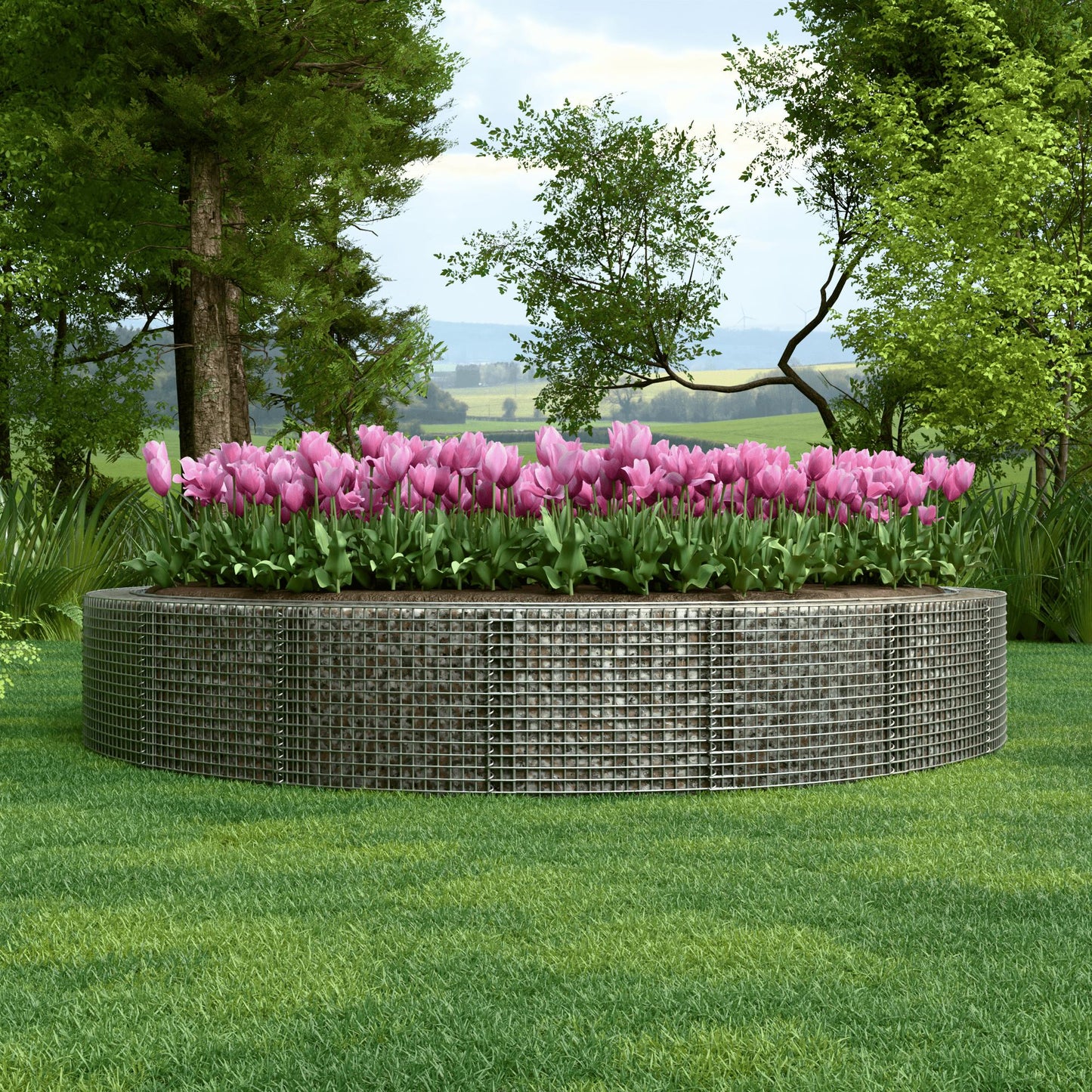 Canteiro elevado redondo, diâmetro externo 502 cm, altura 50 cm, tamanho da malha 5 x 5 cm, espessura da parede 15 cm