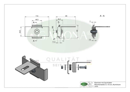 Morsetto con supporto per recinzione Larghezza rete 5 x 10 cm, alluminio