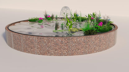 Laghetto rialzato in gabbioni, rotondo, diametro esterno 322 cm, altezza 80 cm, maglia 5 x 5 cm, spessore parete 15 cm