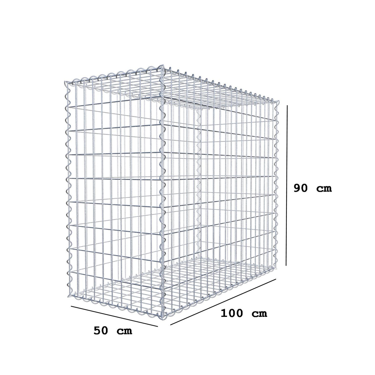 Gabion 100 cm x 90 cm x 50 cm (L x H x D), maskestørrelse 5 cm x 10 cm, spiral