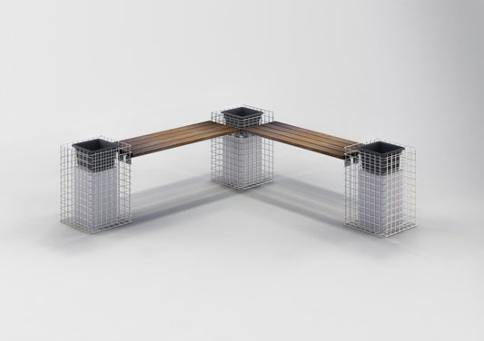 Banc en gabion avec 3 colonnes à fleurs - bois de Cumaru, 205 cm de long x 60 cm de haut x 37 cm de profondeur, galvanisé à chaud, MW 5 x 5 cm
