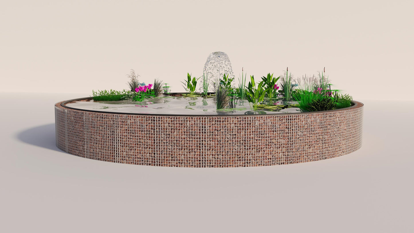 Laghetto rialzato in gabbioni, rotondo, diametro esterno 322 cm, altezza 80 cm, maglia 5 x 5 cm, spessore parete 15 cm