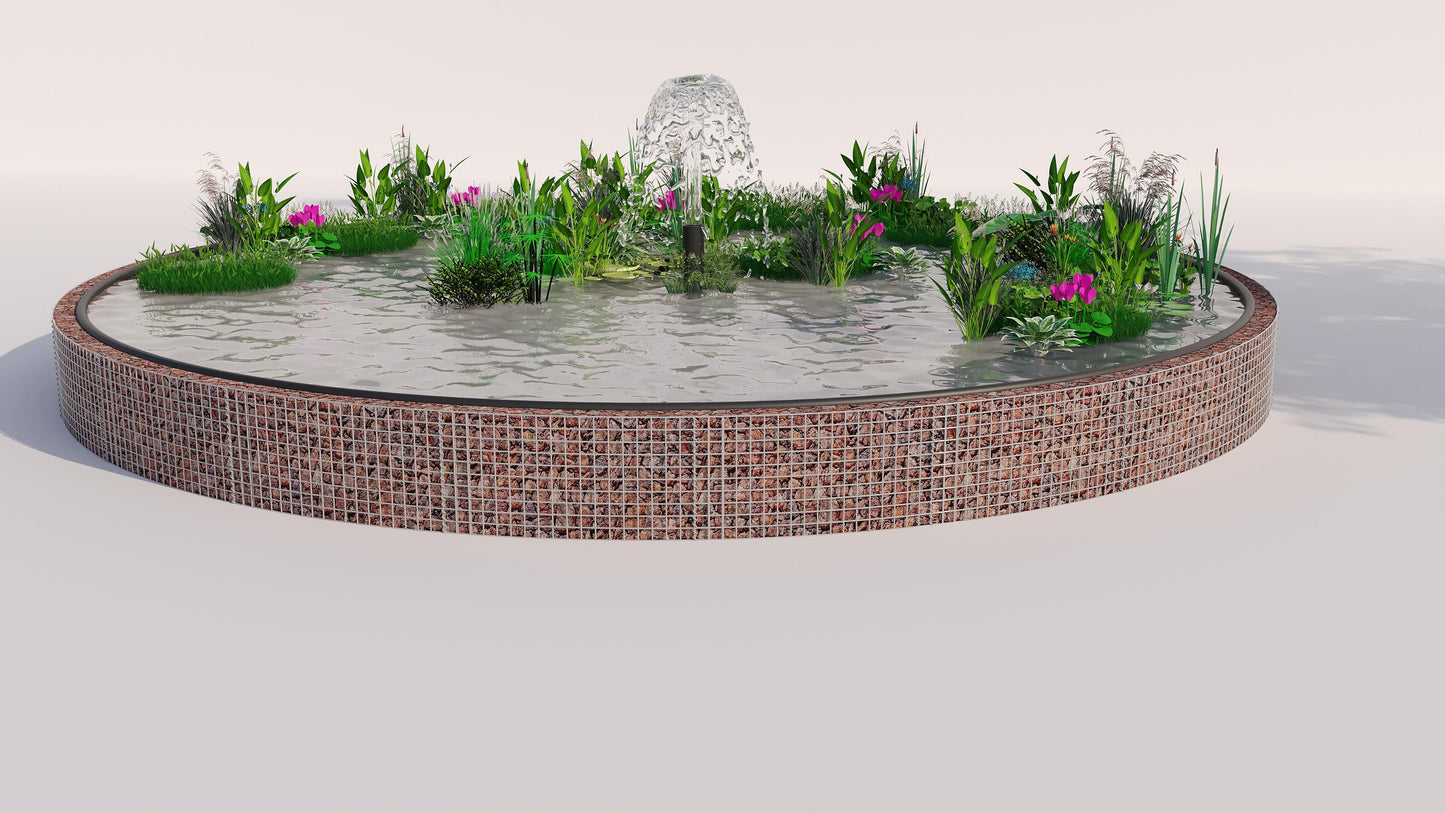 Laghetto rialzato in gabbioni, rotondo, diametro esterno 322 cm, altezza 50 cm, maglia 5 x 5 cm, spessore parete 15 cm