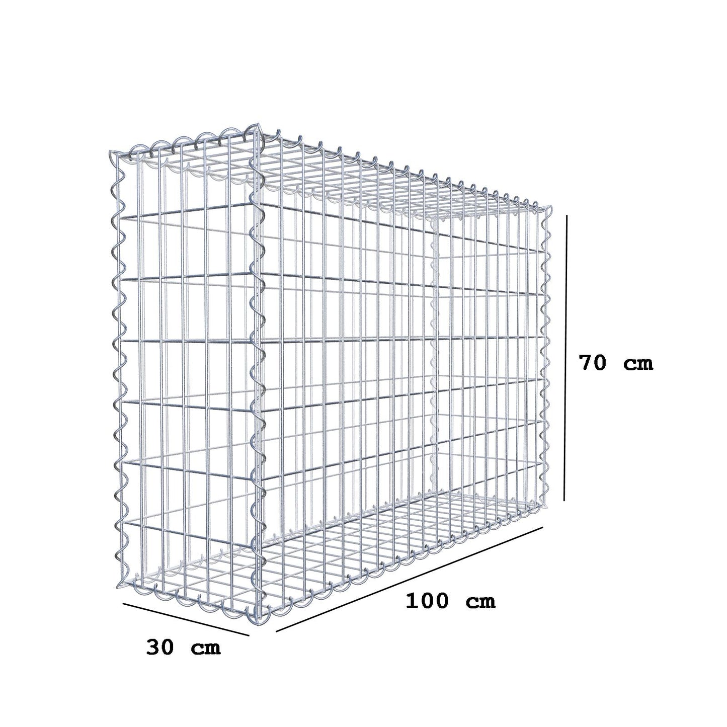 Gabião 100 cm x 70 cm x 30 cm (C x A x P), malhagem 5 cm x 10 cm, espiral
