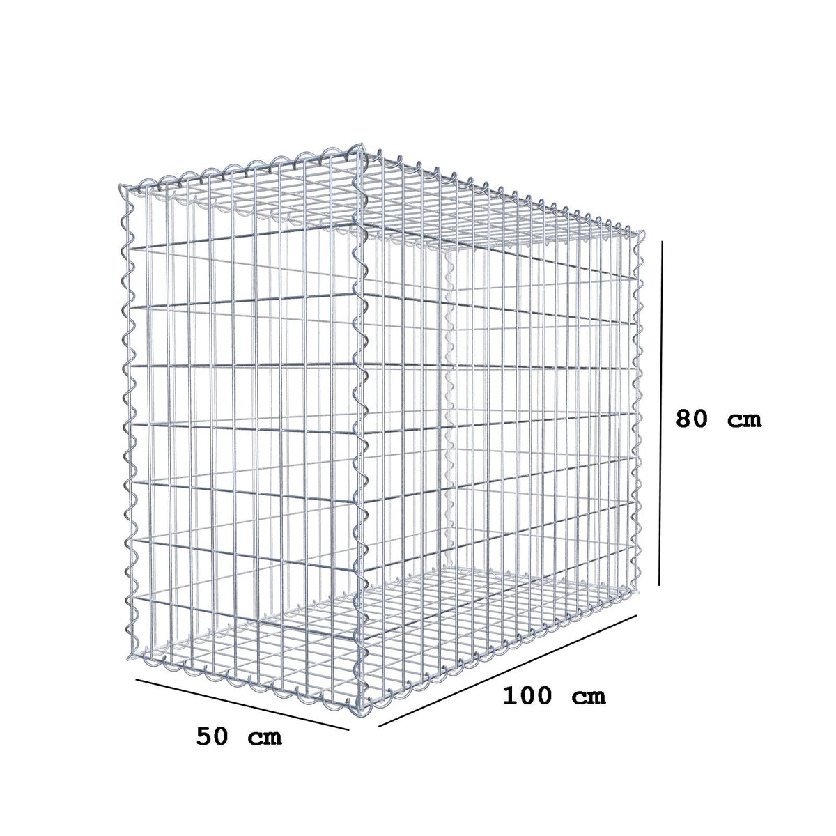 Gabião 100 cm x 80 cm x 50 cm (C x A x P), malhagem 5 cm x 10 cm, espiral