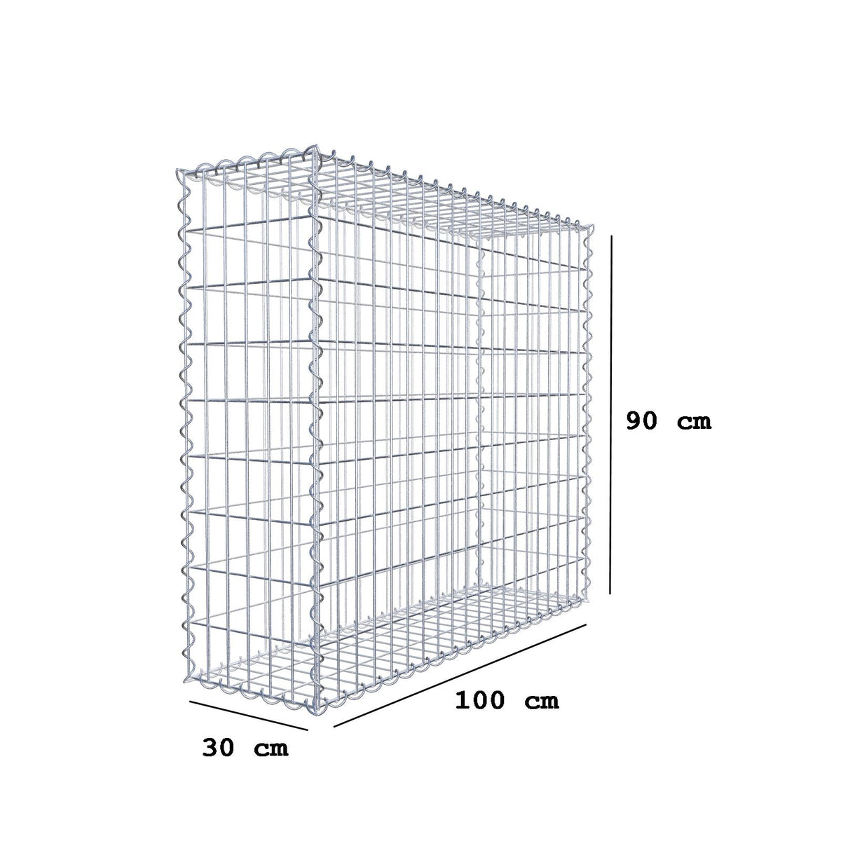 Gabião 100 cm x 90 cm x 30 cm (C x A x P), malhagem 5 cm x 10 cm, espiral
