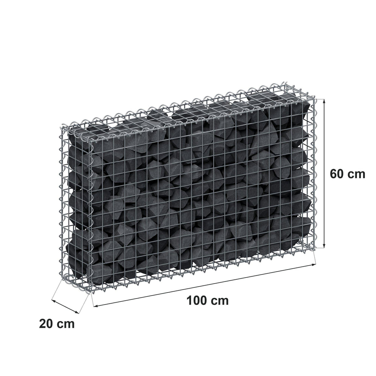 Gabion 100 cm x 60 cm x 20 cm (L x H x D), maskestørrelse 5 cm x 5 cm, spiral