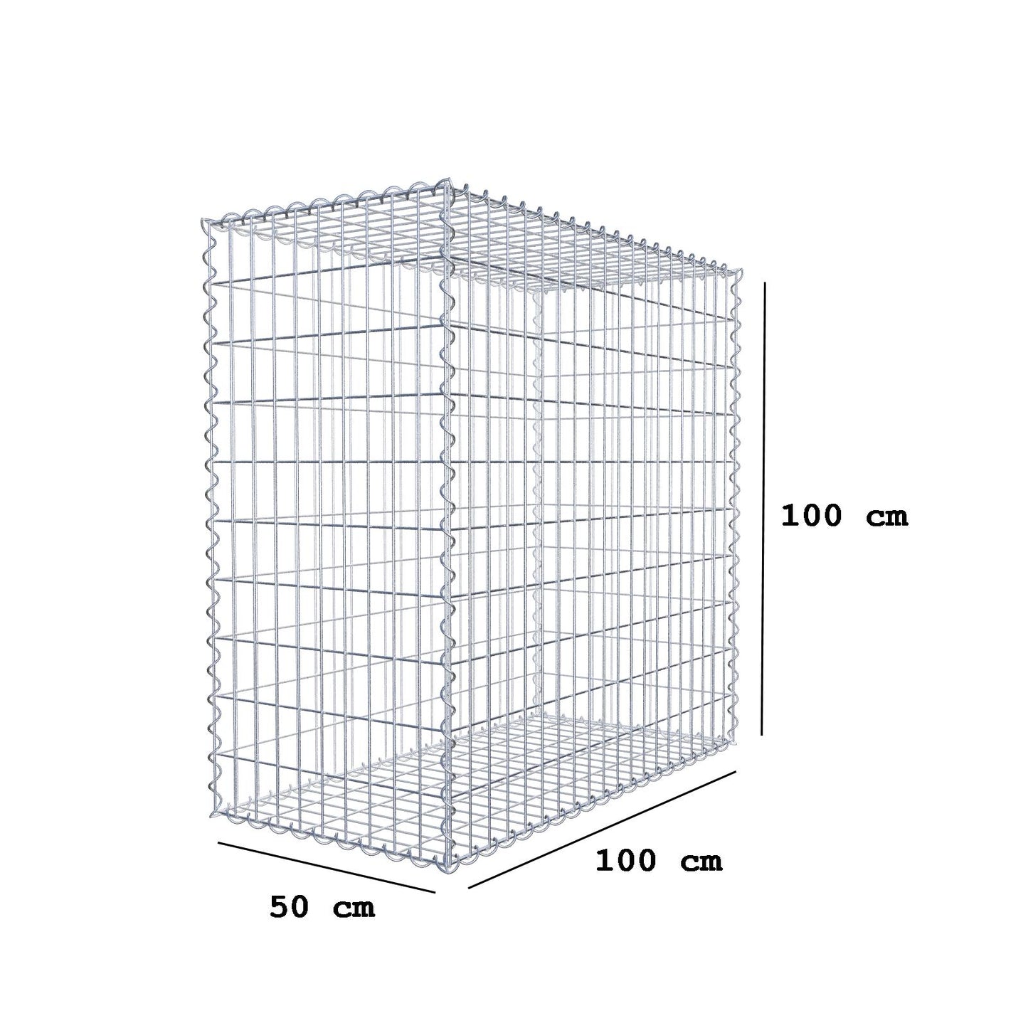 Gabião 100 cm x 100 cm x 50 cm (C x A x P), malhagem 5 cm x 10 cm, espiral