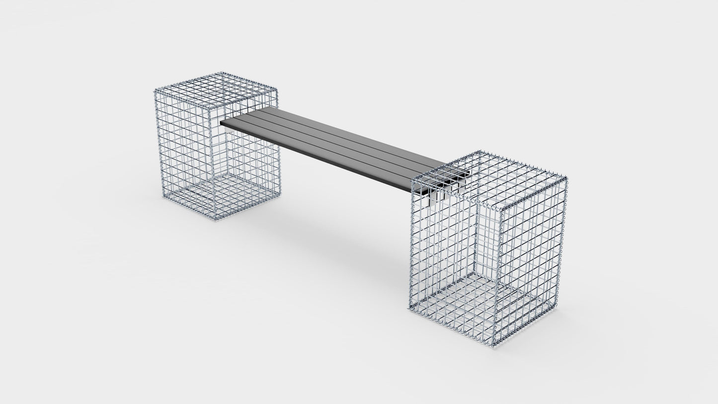 Banco de gaviones con 2 gaviones en espiral, 205 cm de largo x 60 cm de alto x 40 cm de profundidad, galvanizados, MW 5 x 5 cm, con encimera reciclada en antracita