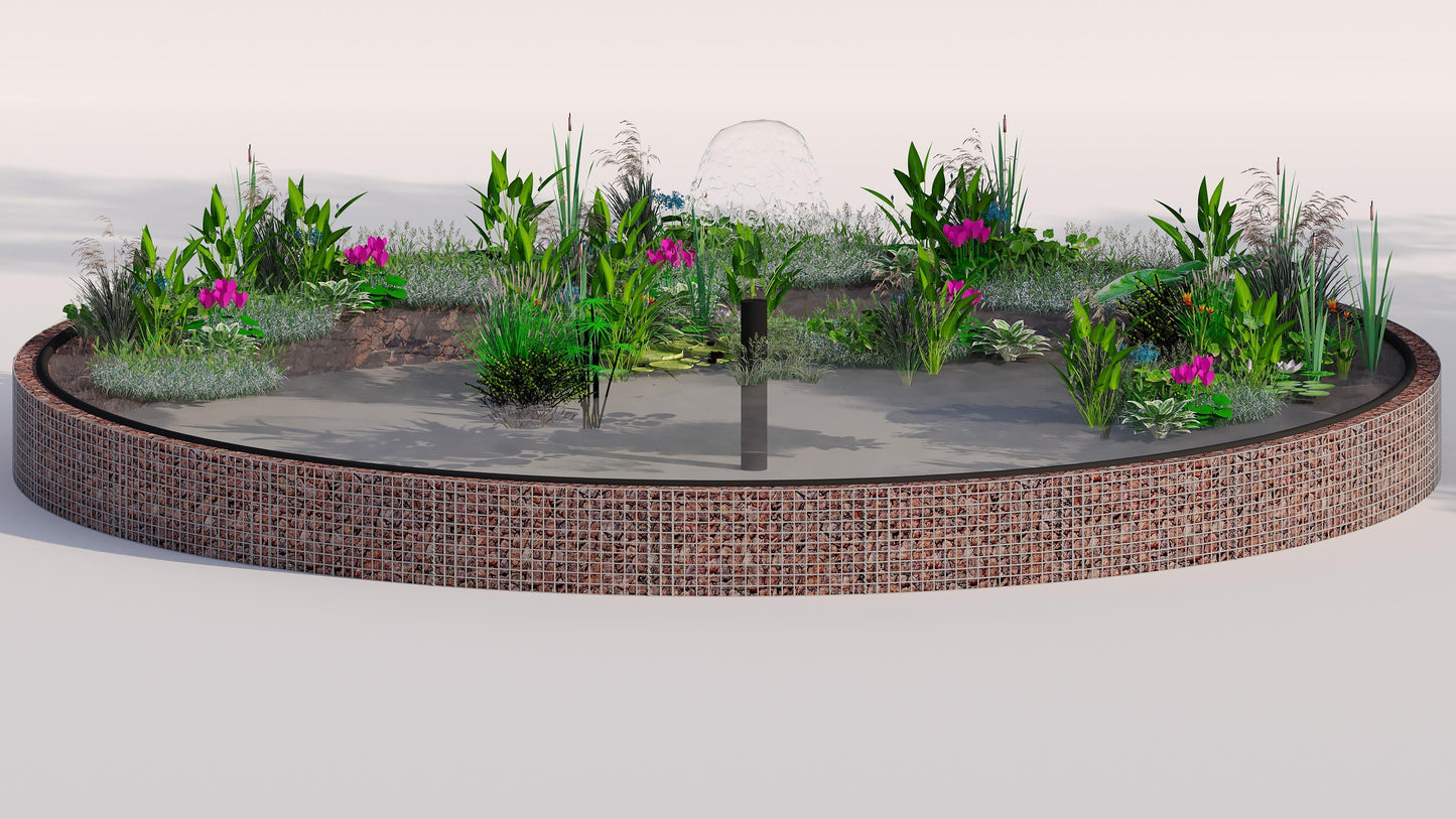 Tanque elevado de gabiões, redondo, diâmetro exterior 322 cm, altura 50 cm, dimensão da malha 5 x 5 cm, espessura da parede 15 cm